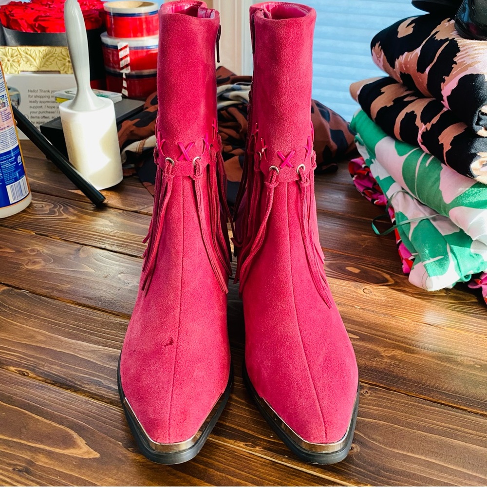 Suede Fringe Ankle Boots - Pink - Picture 12 of 16